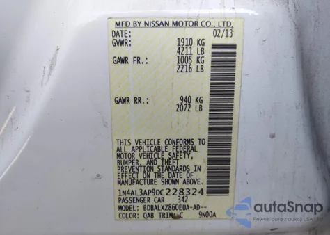 2013 Nissan Altima 2.5 Sl from USA, damaged, VIN 1N4AL3AP9DC228324